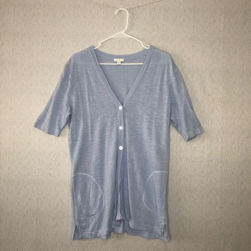 J. Jill Cardigan Sweater Women's M Light Blue Short Sleeve Linen Blend Coastal